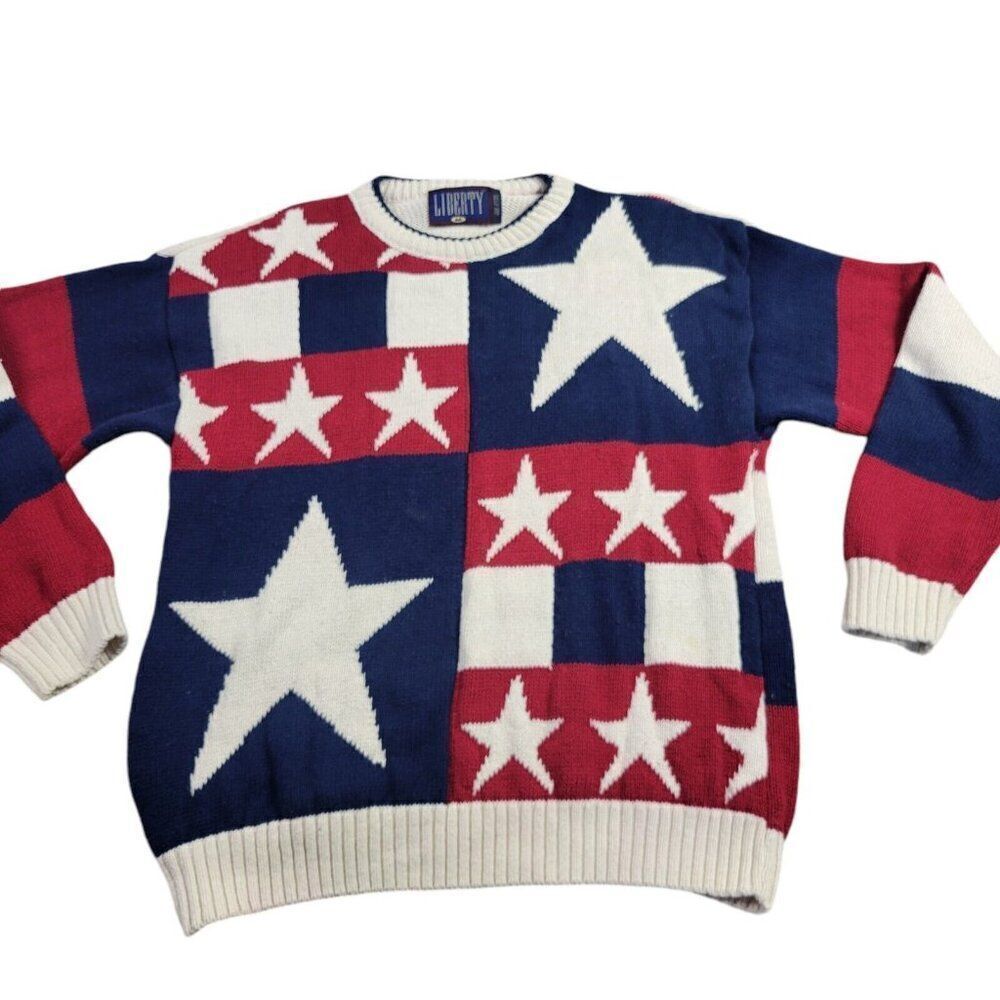 Vintage Liberty Sweater Mens Medium Knit Patriotic Stars Made in USA American